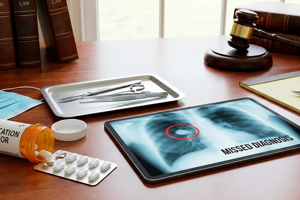 A collection of medical items on a desk including a stethoscope, a prescription bottle, surgical tools, and diagnostic imaging films, representing common medical malpractice examples in Pittsburgh