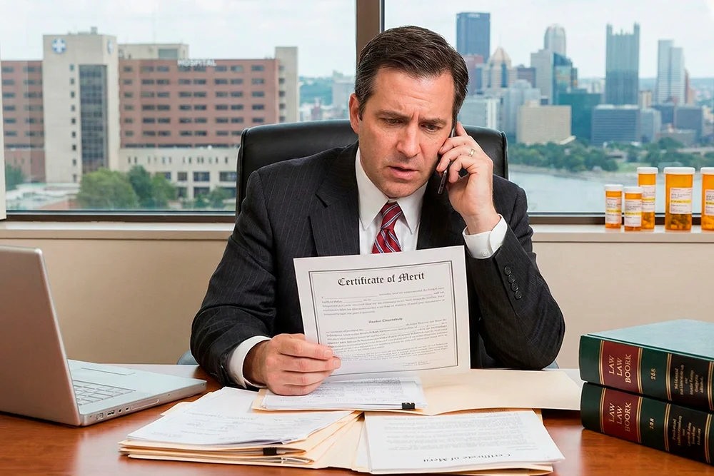 A Pittsburgh medical malpractice lawyer sitting at his desk with a backdrop of the city skyline, reviewing medical records and holding a "Certificate of Merit" document necessary for filing a medication error claim in Pennsylvania. Prescription pill bottles are visible on the windowsill