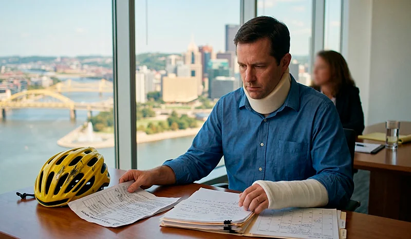 An injured cyclist in a neck brace and arm cast reviews medical records for a bicycle injury claim at a Pittsburgh law office, with a damaged yellow helmet on the desk and the city's skyline in the background.
