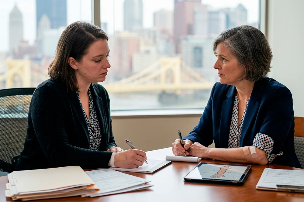 An injured client with visible bandages on her hand and arm consults with a Pittsburgh dog bite lawyer while reviewing medical diagrams of animal attack wounds in an office overlooking the city's yellow bridges.