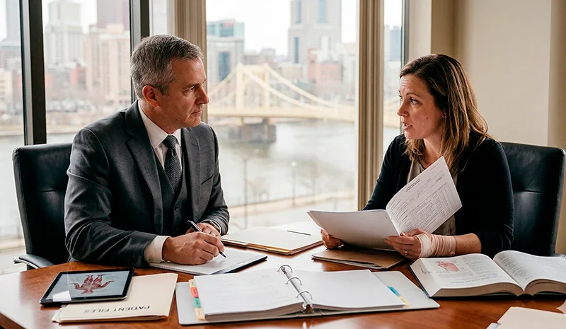 A Pittsburgh healthcare negligence attorney from Matzus Law consults with a patient client in a law office with a city skyline view. The attorney is listening intently while the client reads medical records and 'PATIENT FILES', discussing a potential medical malpractice case