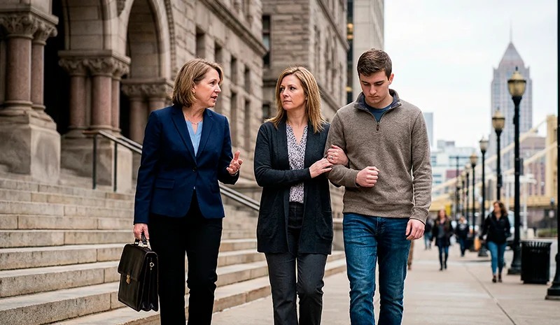 A documentary-style photo of a female lawyer and a pensive mother and son walking down large courthouse steps, illustrating legal support for family recovery and accountability in wrongful death cases in Pittsburgh, Pennsylvania