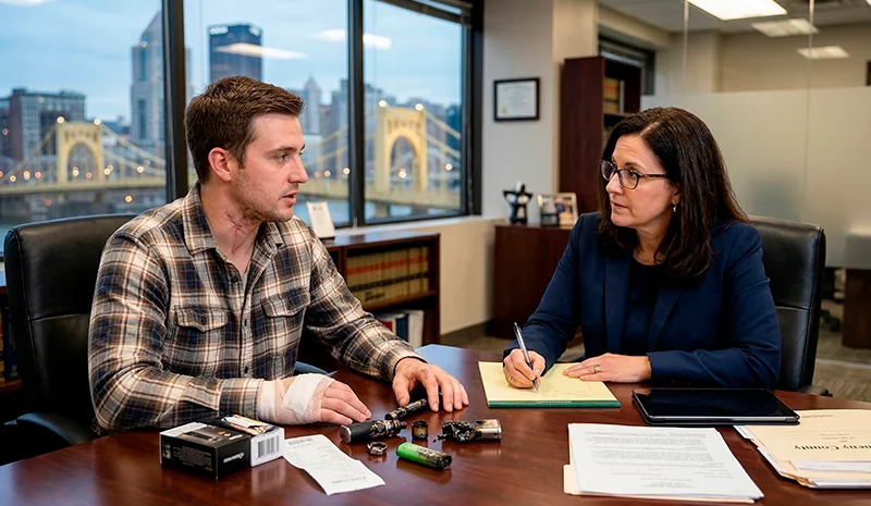 A visibly injured client consults with his personal injury attorney about vape accidents in a Pittsburgh office, reviewing charred vape device components and a lithium-ion battery spread on the table