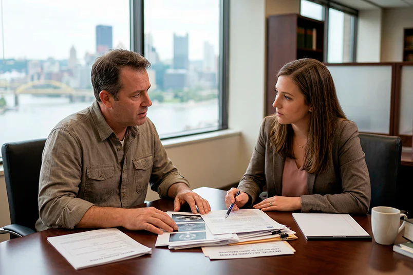 A photo-realistic documentary photograph of a Pittsburgh medical malpractice attorney empathetically consulting with a concerned client at a dark wood conference table. They are reviewing complex medical documents and diagnostic scans, discussing the legal challenge and asking "is medical malpractice hard to prove?" in their case. The background shows a soft bokeh of the Pittsburgh skyline and bridges through a large window