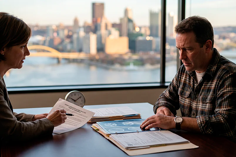 A professional photograph of a Pittsburgh attorney and a client discussing a case timeline with a clock and medical records on the desk, explaining the medical malpractice statute of limitations in Pennsylvania against a soft-focus background of the city's skyline