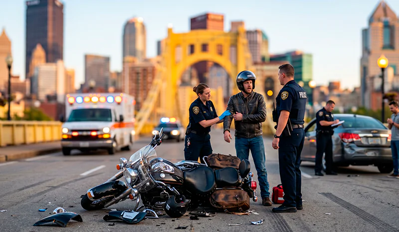 The immediate aftermath of a serious motorcycle crash on a Pittsburgh bridge, featuring a downed bike, emergency lights from an ambulance, and Pittsburgh Police officers investigating. A motorcyclist speaks with an officer. A Pittsburgh Motorcycle Accident Lawyer would analyze this scene