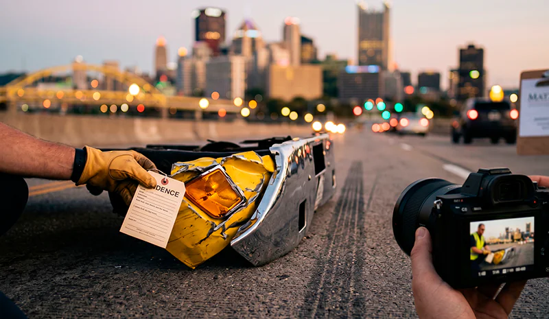 Tagged as "Evidence," this close-up shows wrecked yellow commercial truck wreckage with tire skid marks on asphalt, highlighting a severe collision on a Pittsburgh road. With the blurred Pittsburgh skyline and iconic bridges in the background at dusk, this image represents a legal investigation following a crash handled by a Pittsburgh Truck Accident Lawyer